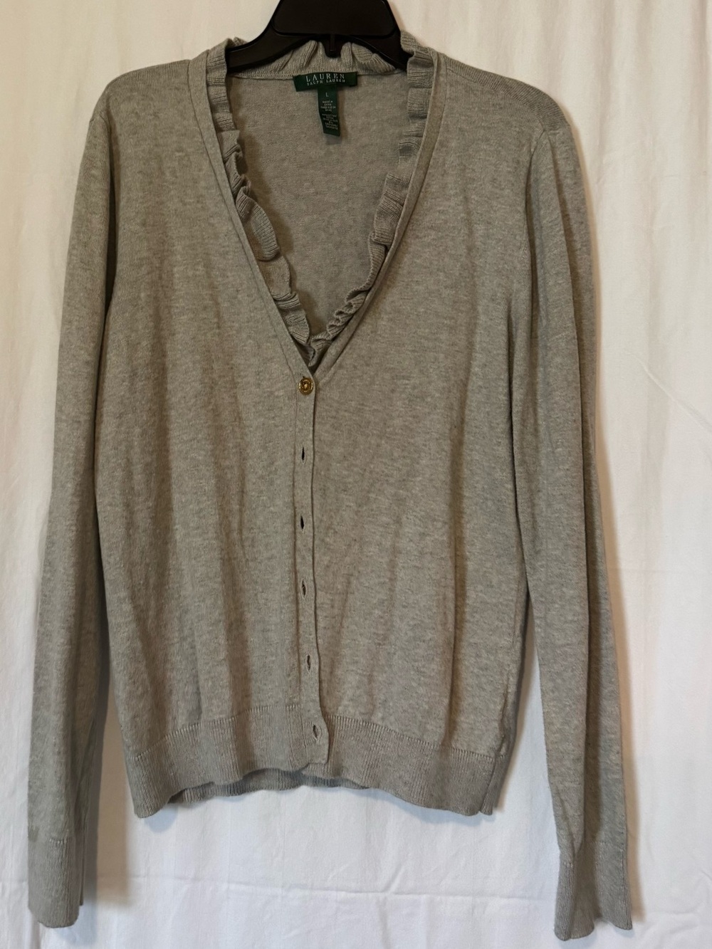 Lauren Ralph Lauren Gray Ruffle Trim Cardigan Women’s L – Cotton/Silk/Cashmere